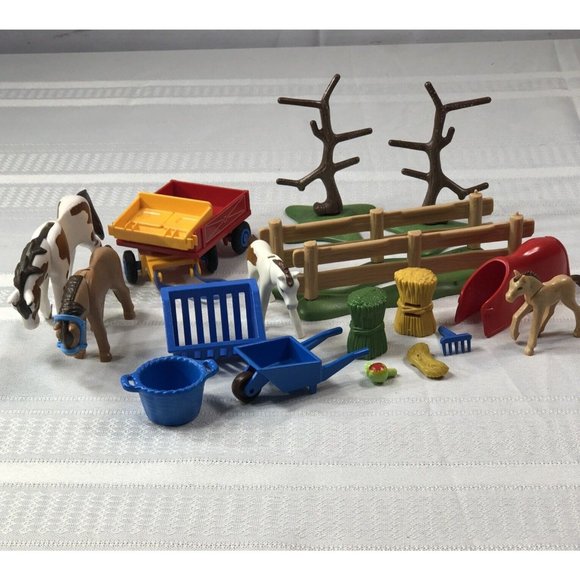 PLAYMOBIL Other - Playmobil Geobra Country Farm Mixed Lot 18+ pieces horses pony fence wagon toys